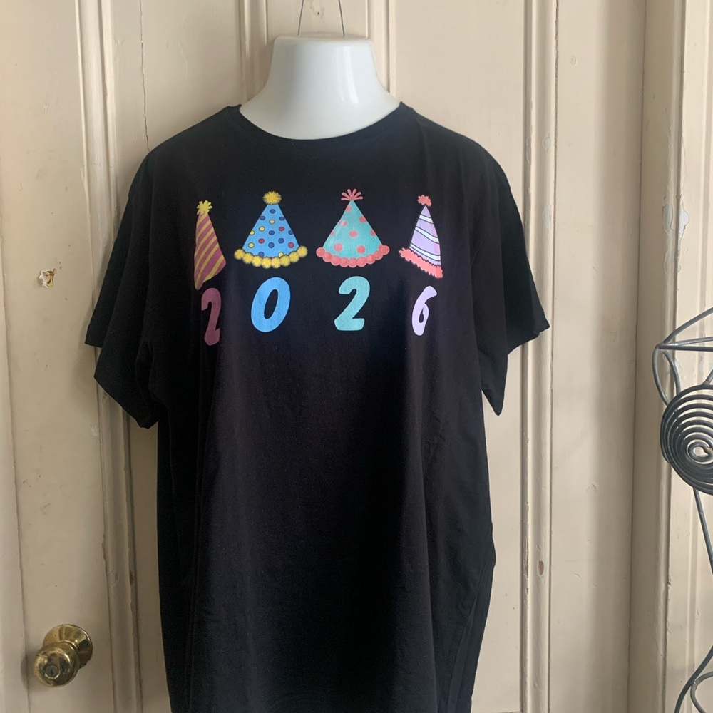 Black Graphic Tee with Colorful Party Hats